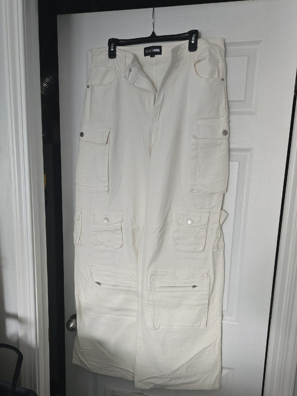 Fashion Nova Cream Utility Cargo Jeans